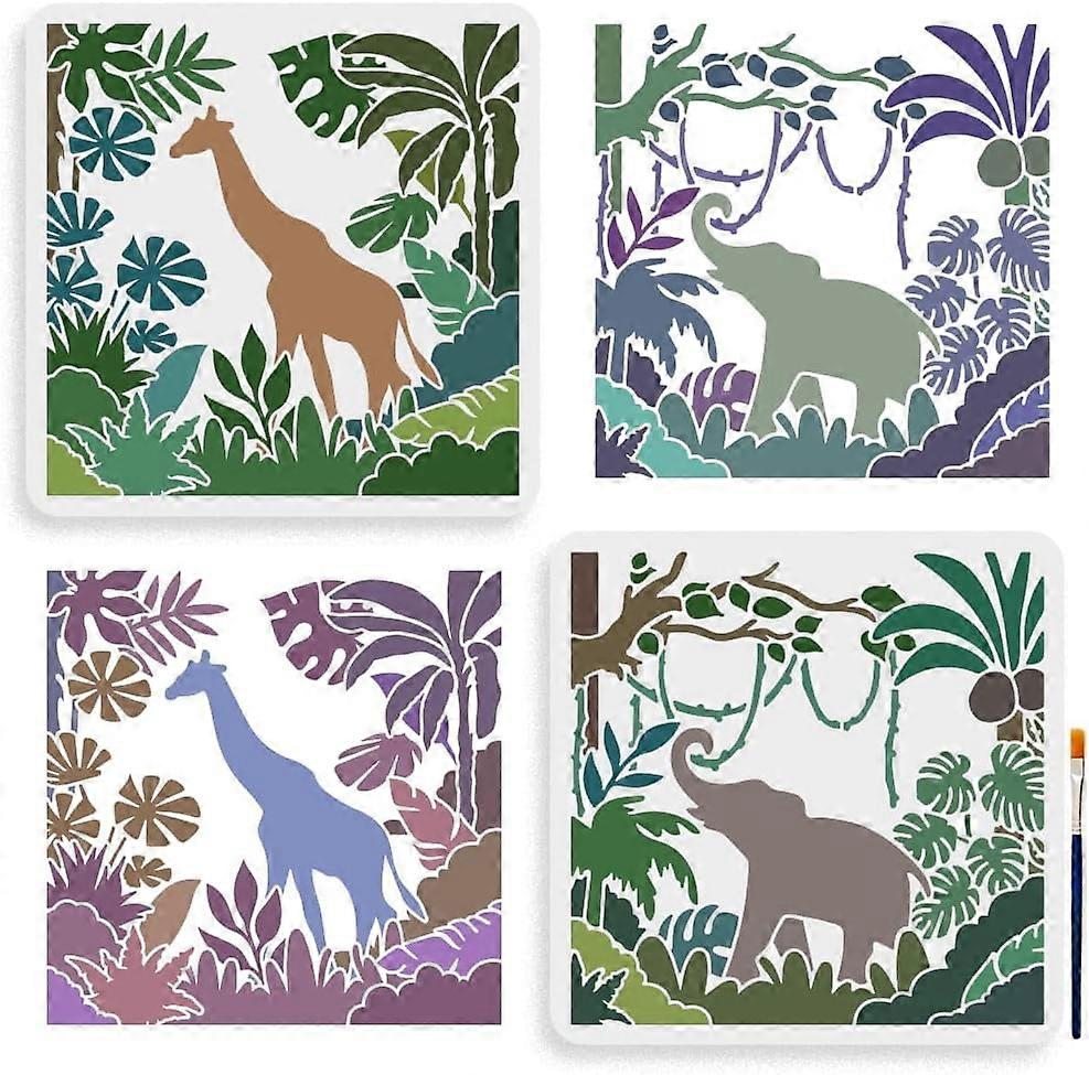 2pcs Rainforest Stencil 11.811.8inch Reusable Giraffe Elephant Stencil with Paint Brush