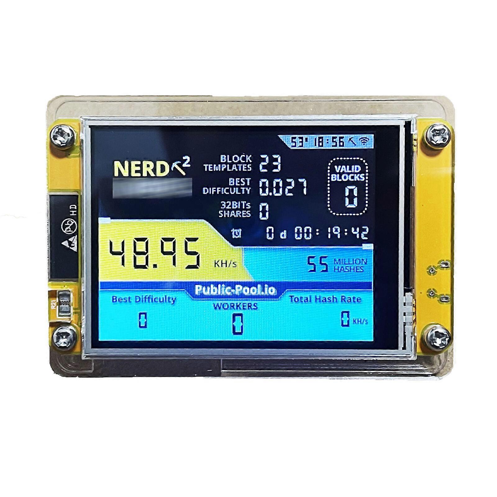 NerdMiner V2 Solo Bitcoin Miner - معدل تجزئة 49K ، شاشة 2.8 بوصة ، طاقة USB ، تصميم بدون مروحة