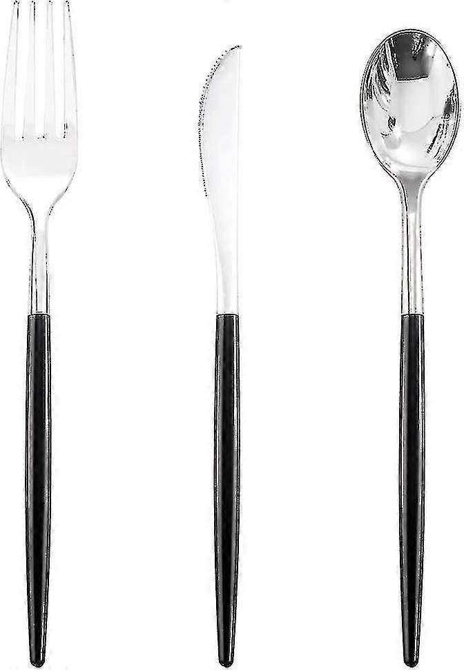 144pcs Black Silver Plastic Silverware, Heavy Duty Silver Disposable Utensils With Black Handle Fancy Silver Plastic Flatware Includes: 48 Silver Fork
