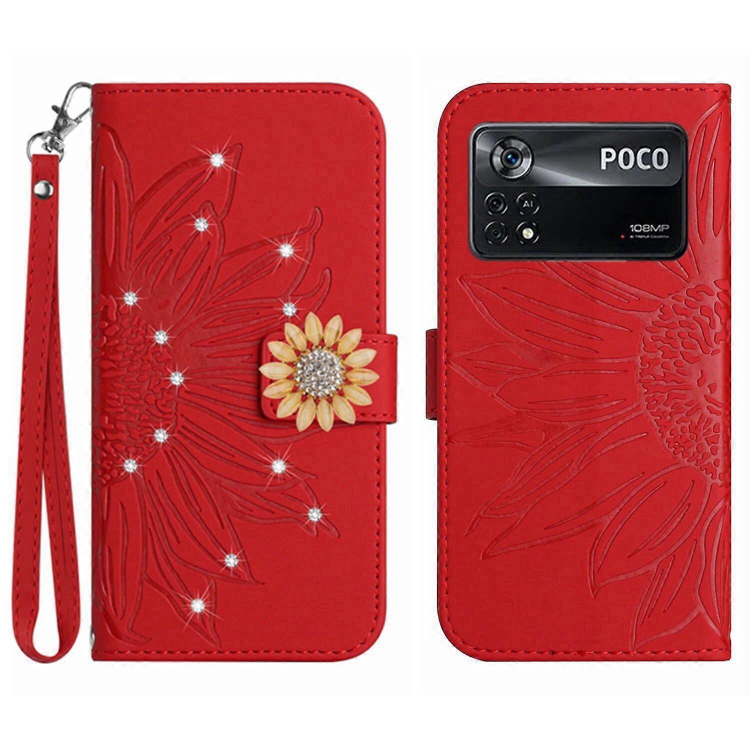 Compatível com Xiaomi POCO X4 Pro 5G Girassol em relevo com diamantes Porta Cartão Magnético Carteira Case Telefone com Alça Curta