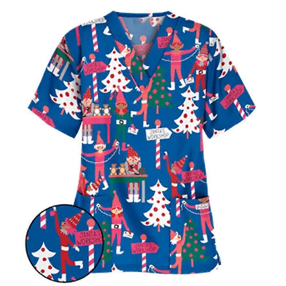 Jul Kvinner Sykepleie Uniform Skrubb Kortermet T-skjorte Xmas Bluse Tee Topper (Xmas Tree Blue)
