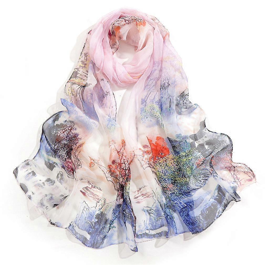 Spring And Autumn Sun Proof Scarf Silk and Cotton Wraps Long Thin Scarf for Lady Scarf with landscape Print