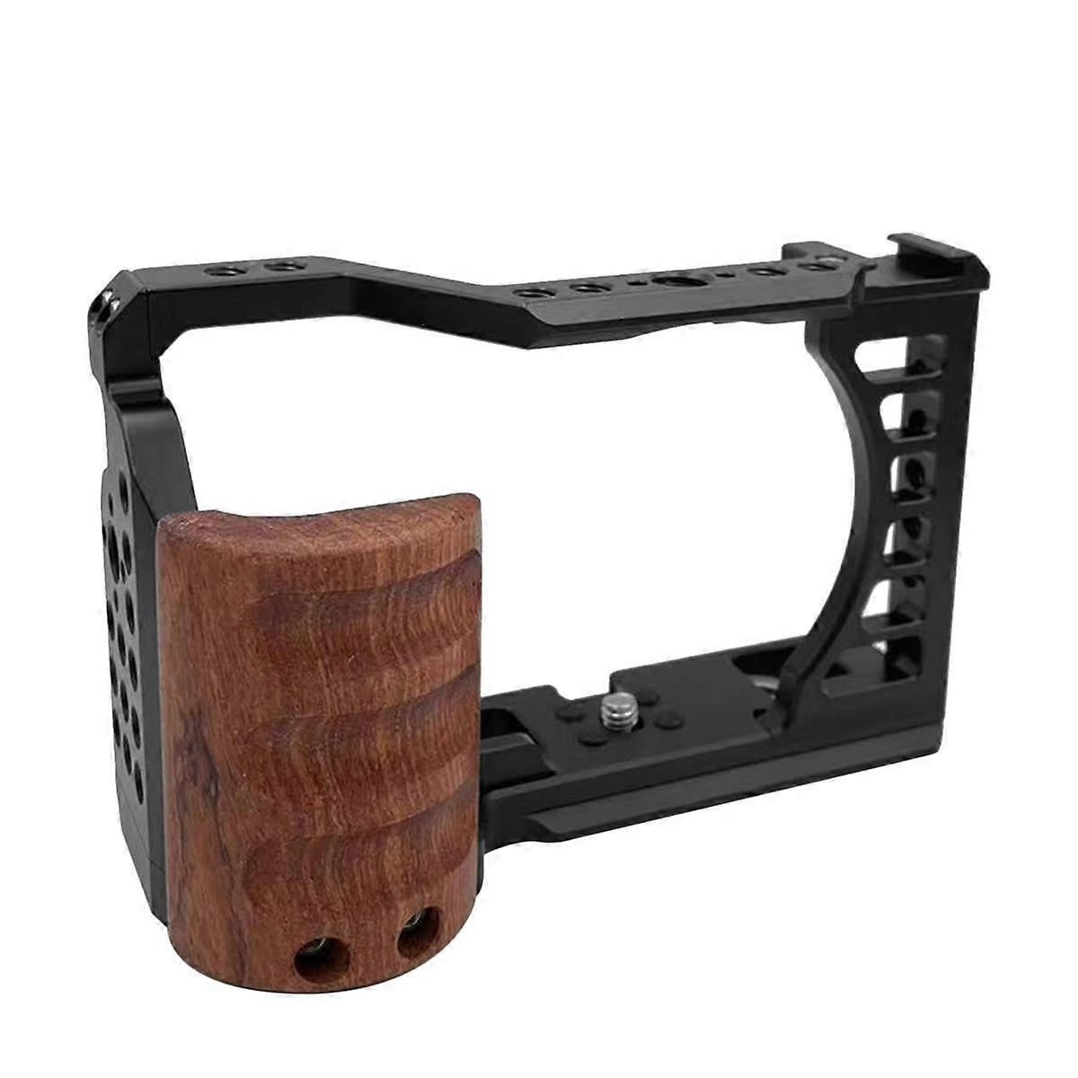 Camera Cage for A7C Camera with Wooden Handle Protection Frame Housing Cage Handle with Cold Shoe