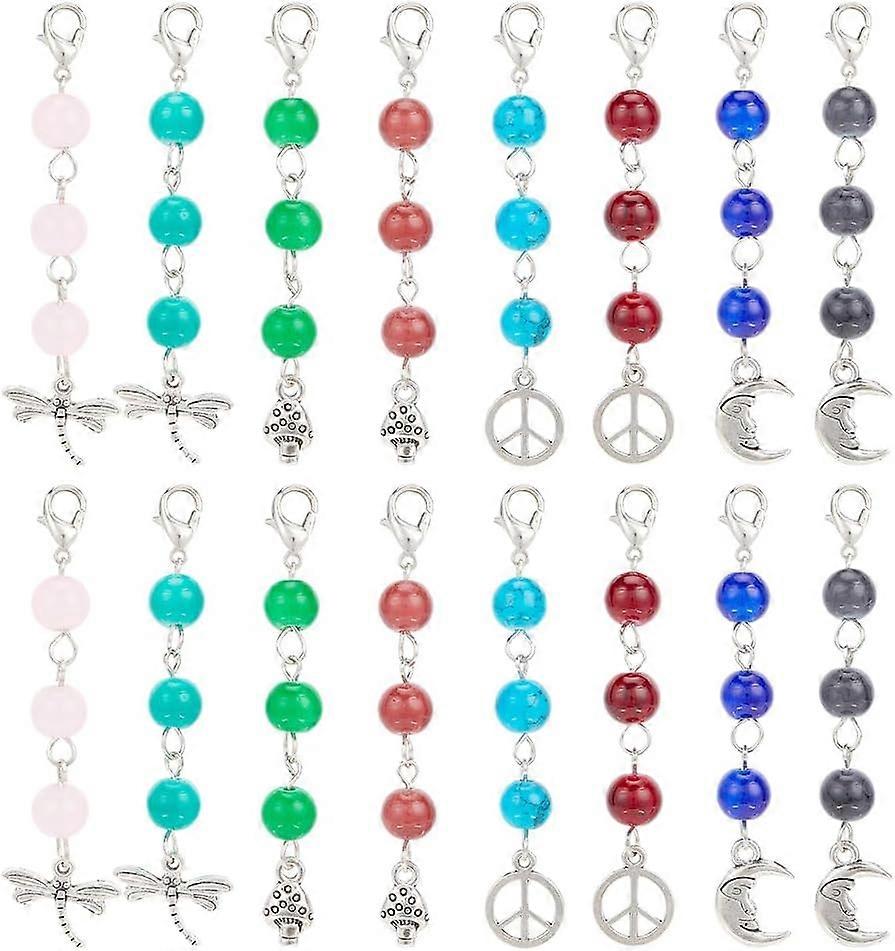 Glass Round Bead Pendant Decorations with Zinc Alloy Lobster Claw Clasps and Dragonfly/Moon/Mushroom/Peace Sign Charms Mixed Color 65~67mm 16pcs/set
