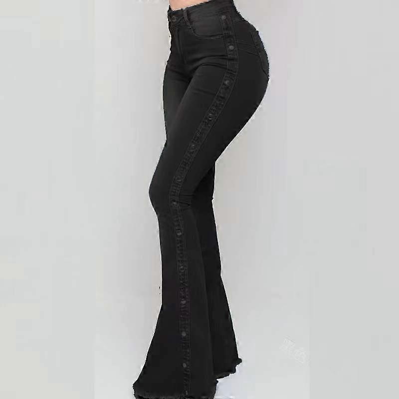 Plus Size Casual Jeans, Women's Plus Solid Button Fly High Rise High Stretch Button Decor Bootcut Jeans BLACK