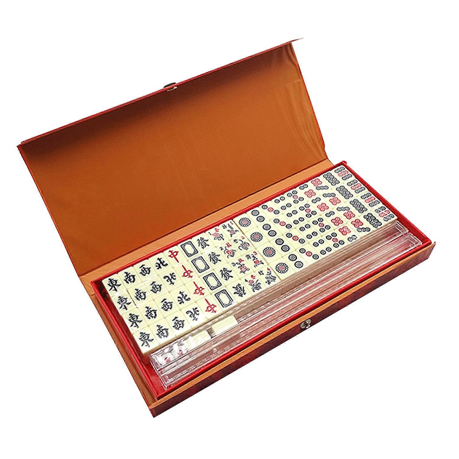 Chinese Antique Mah Jongng Set with 144 Tiles, Portable Travel Game with 4 Rulers Included