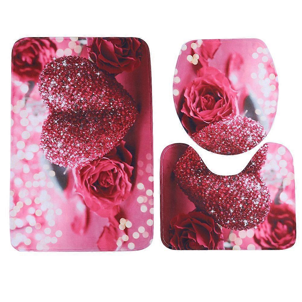 3pcs Heart Prints Pattern Bathroom Non-Slip Mats Shower Mats Set Toilet Mat U-shape Mat Kit