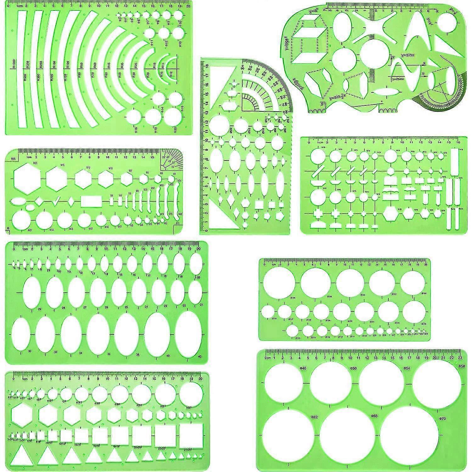 Geometric Drawing Templates | Ellipse Template | Circle Template | Clear Green Rulers | Measuring Templates Rulers Digital Drawing For Office Sc
