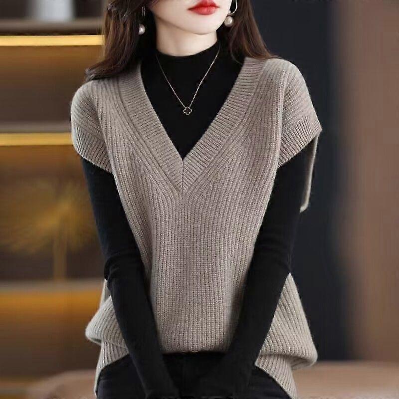 Solid Color Deep V Neck Vest, Casual Ribbed Knitted Pullover Vest for Fall, Women's Clothing
