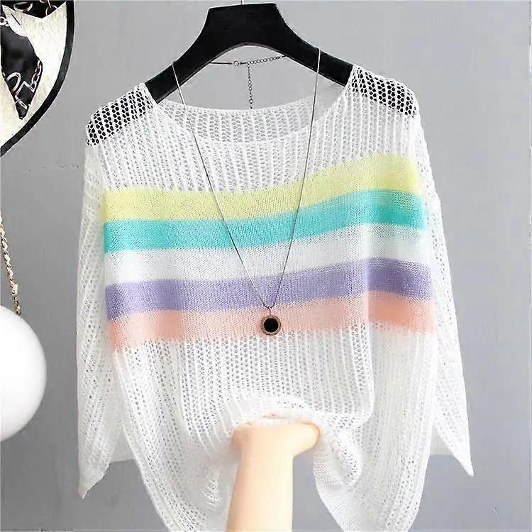 Spring and Summer Hollow Knitted Sunscreen Jacket Top Women's Loose Thin Color Stripes