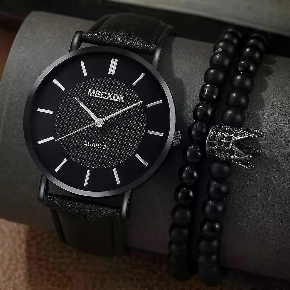 Muodikas persoonallisuus pyöreä kello musta nahka kvartsikellosarjat 1kpl kello ja 2kpl rannekoru