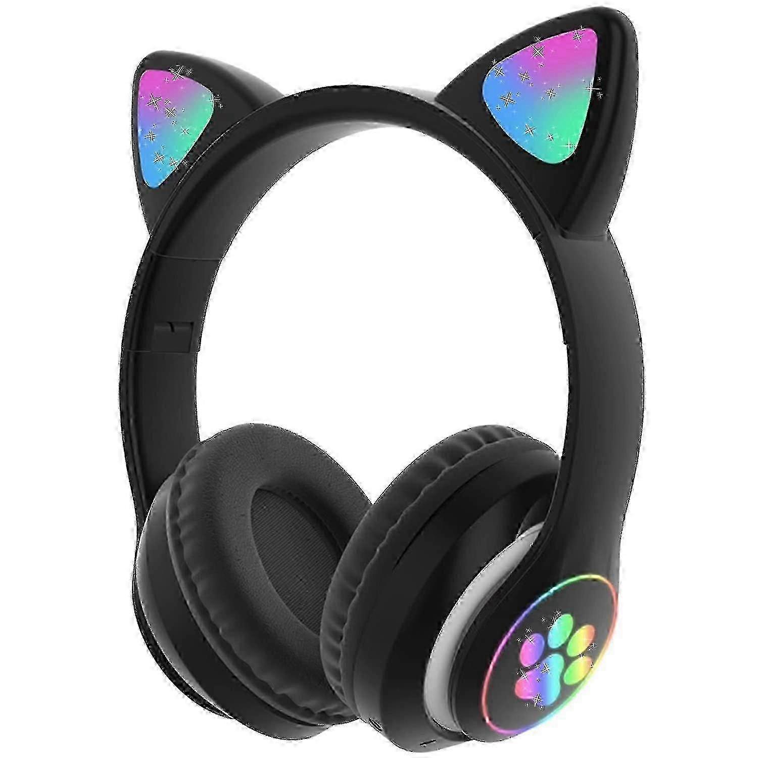 Cat Ear Headphone Foldable Bluetooth Flashing Led Light Up Wireless Over Ear Headset With Microphone Compatible