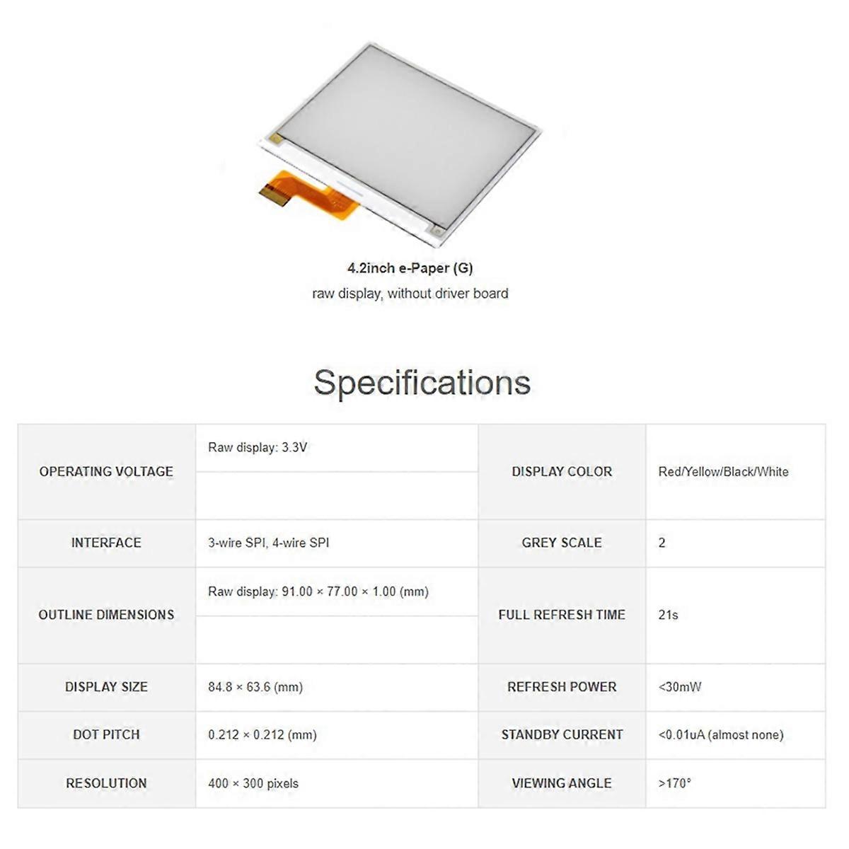4.2inch E-Paper E-Ink Display Module 4.2inch E-Paper (G) , 400x300, Red / Yellow/ Black / White, SPI Interface