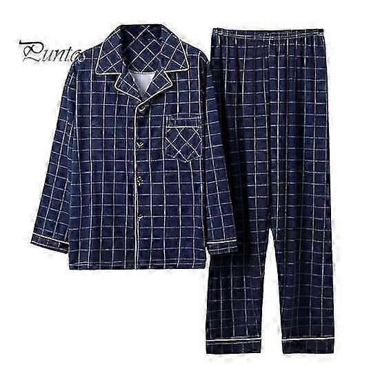 2Pcs/Set Men Pajamas Set Plaid Print Lapel Long Sleeve Single Breasted Shirt Elastic Waist Long Pants Set Loose Fit Loungewear Suit-Yvan
