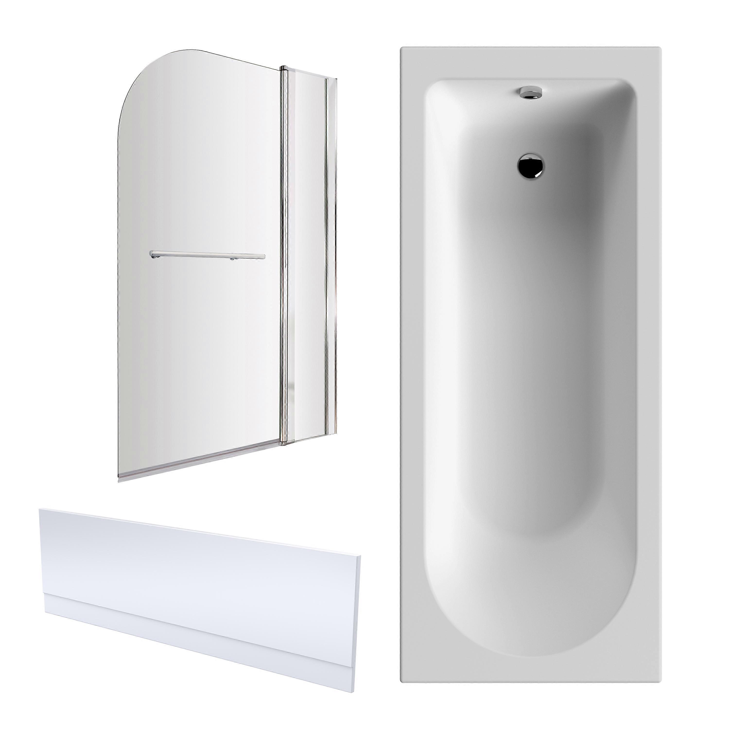 Round Single Ended 1700x750 Shower Bath Set - Front Panel, Screen with Fixed Panel and Rail - Chrome