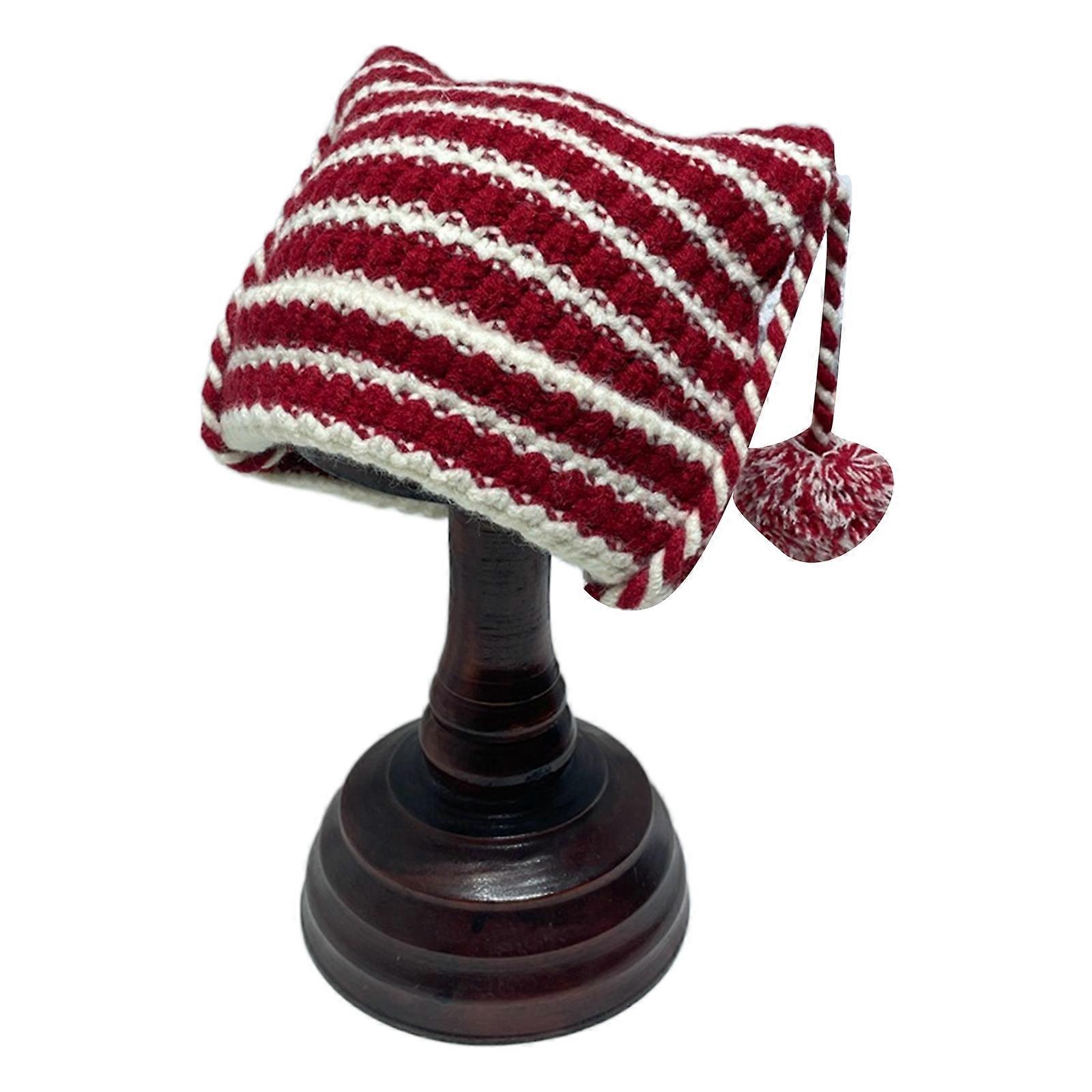 Knitted Devil Hat for Students Adult Windproof Foldable Stripe Pattern Hat Handmade Cat Ear Shape Keep Warm Cycling Hat Red