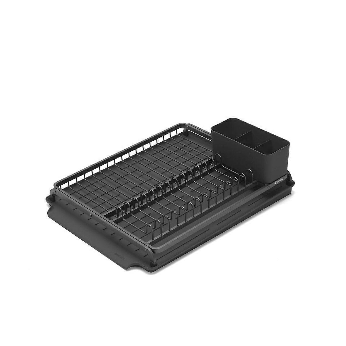 Large Dark Gray Plastic Dish Drying Draining Rack with Drip Tray and Removable Cutlery Basket for Easy Cleaning