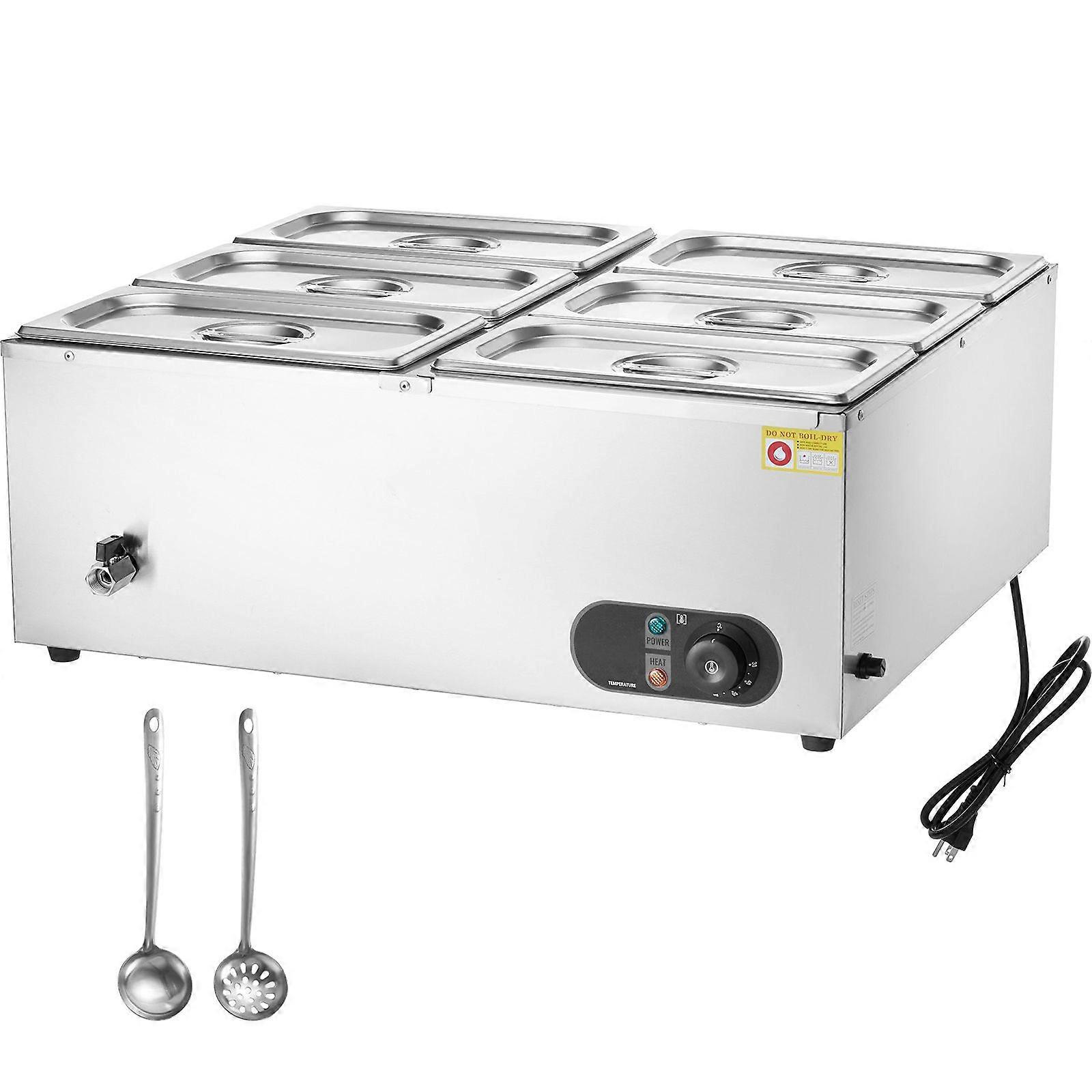 6-Pan Commercial Food Warmer, 6 x 5QT Ηλεκτρικό Τραπέζι Ατμού, 1500W Ανοξείδωτο Ατσάλι με 86-185F Temp Control για Catering, Ασημί