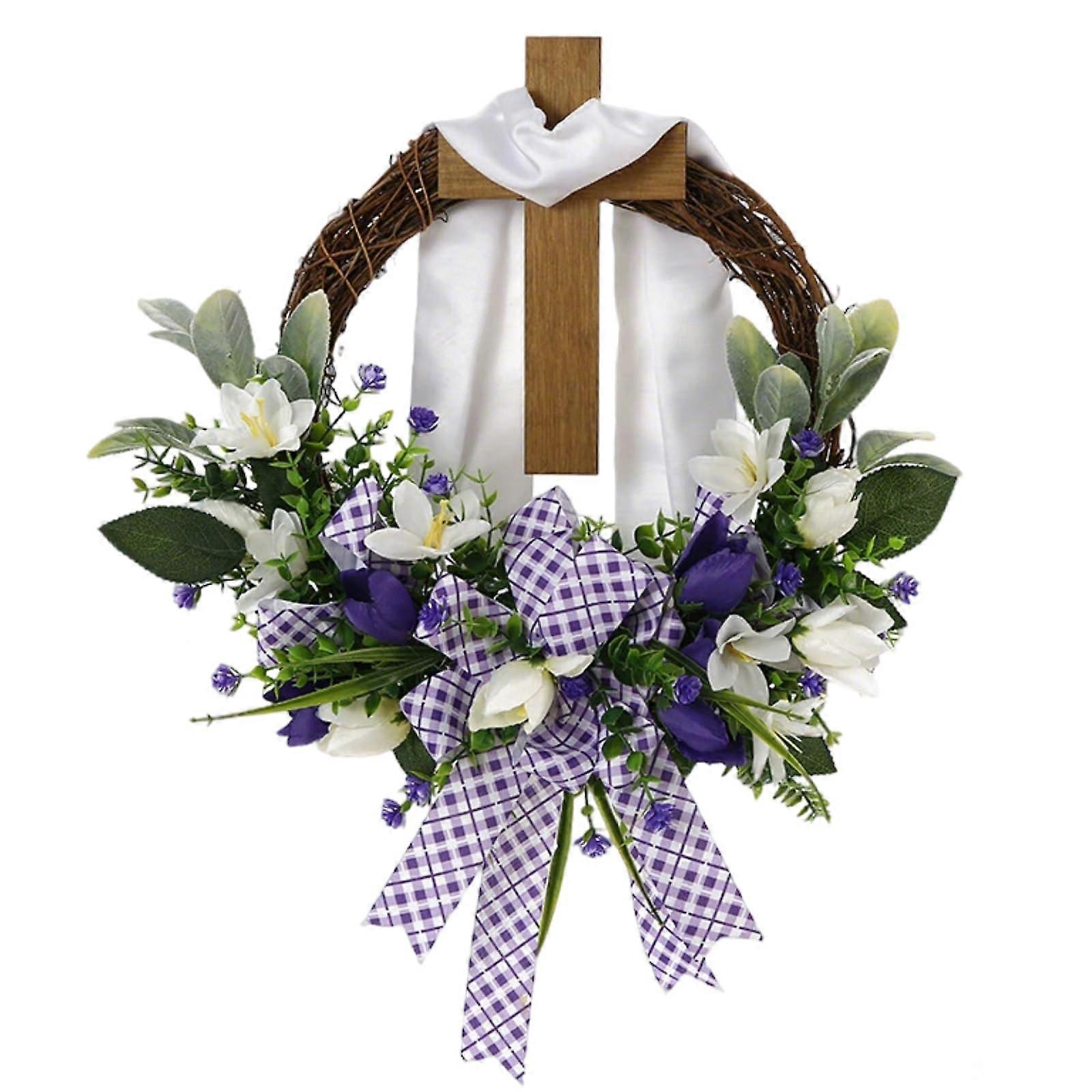 Easter Wreaths for Front Door Lily Flowers Cross Wreath with Bow He is Risen Artificial Spring Wreath