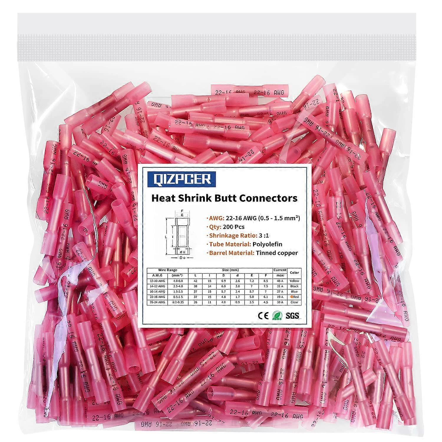 Heat Shrink Butt Wire Connectors, 200 Pcs Red 22-16 AWG Insulated Electrical