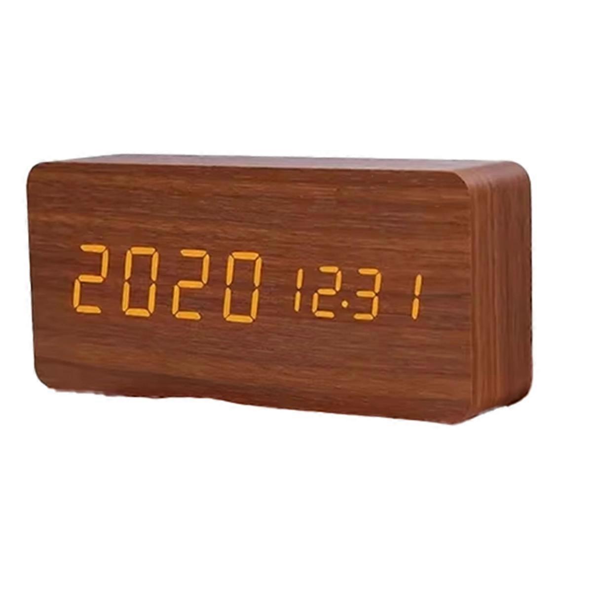 Wooden Digital Clock LED Clock with Temperature Desk Decorating Brown