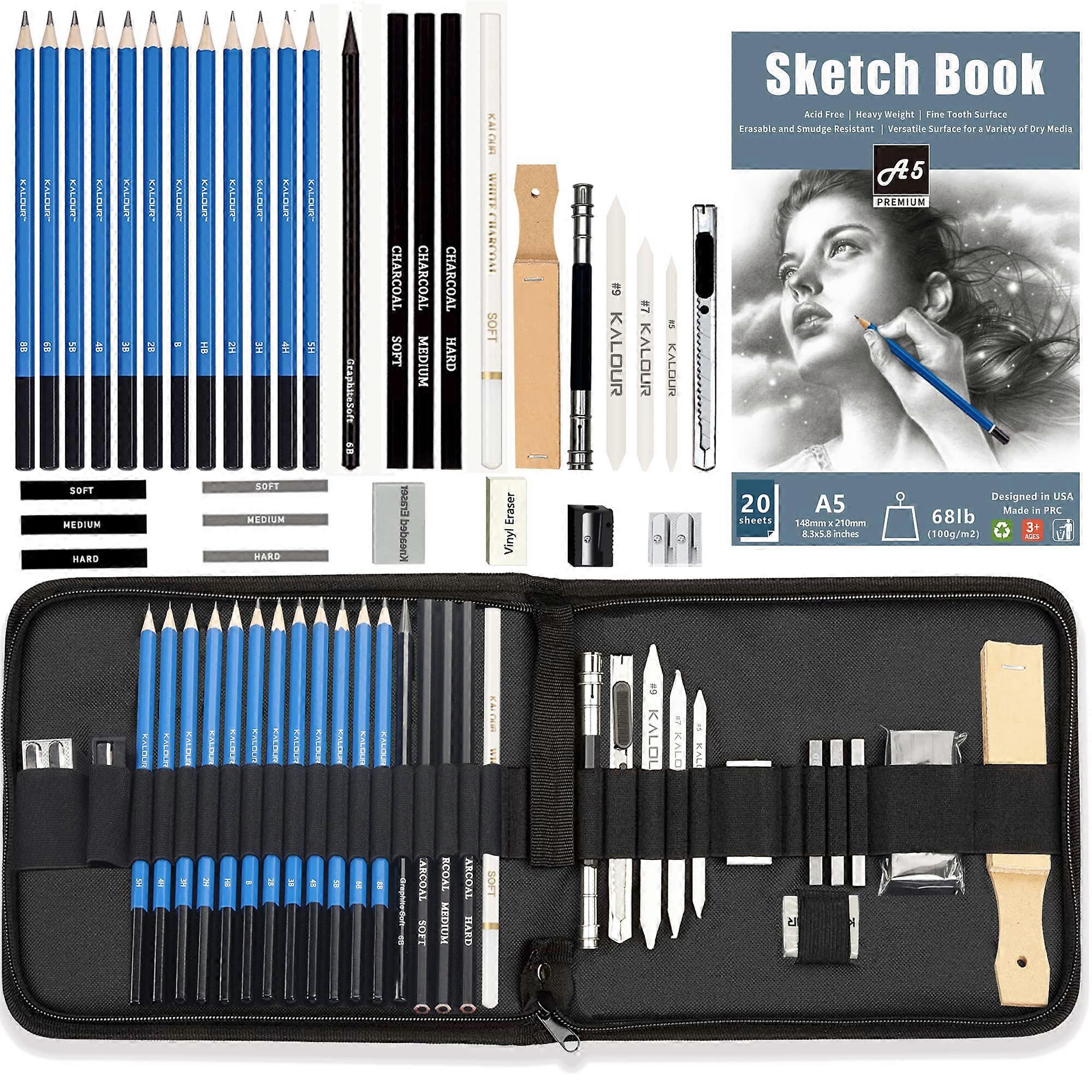 Sketching Pencil Set(34 Pack) Includes Sketchbook Zippered Travel Case Art Drawing Supplies