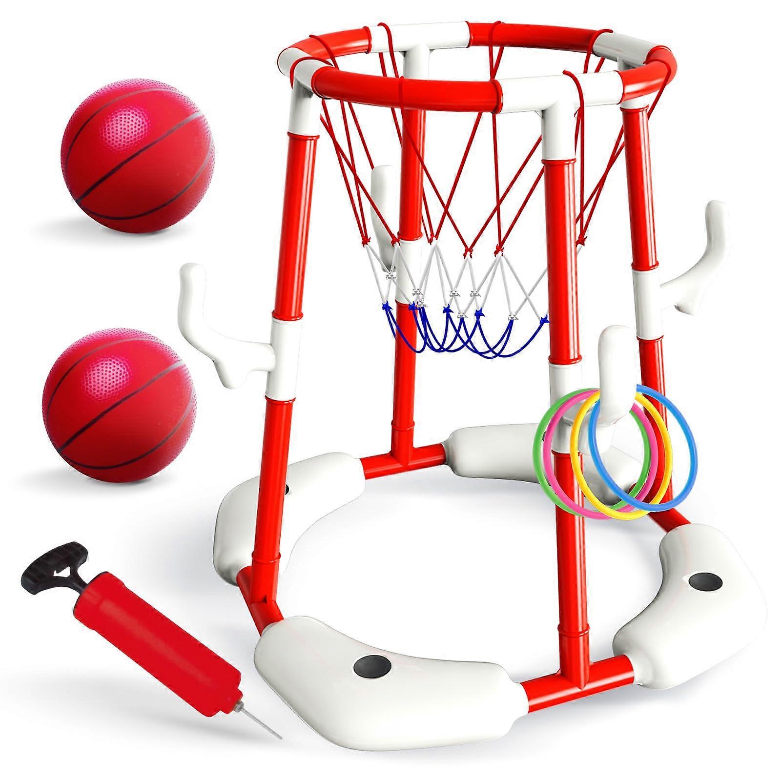 Pool Basketball Hoop, 2 in 1 Pool Toys with Floating Hoop and Ring Toss for Kids and Adults (Red)