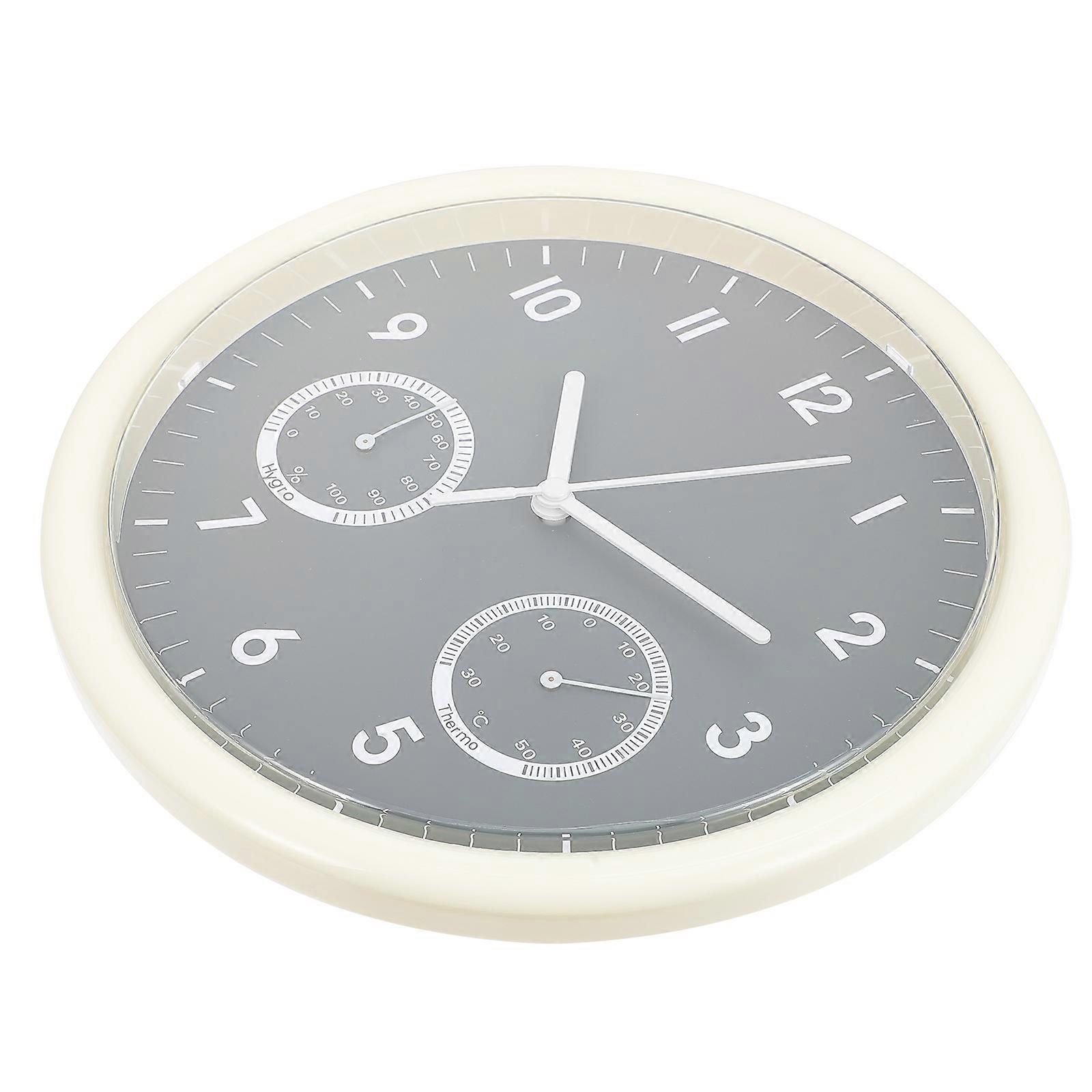 Silent Wall Clock with Thermometer Hygrometer for Home Use Sturdy Grey Plastic