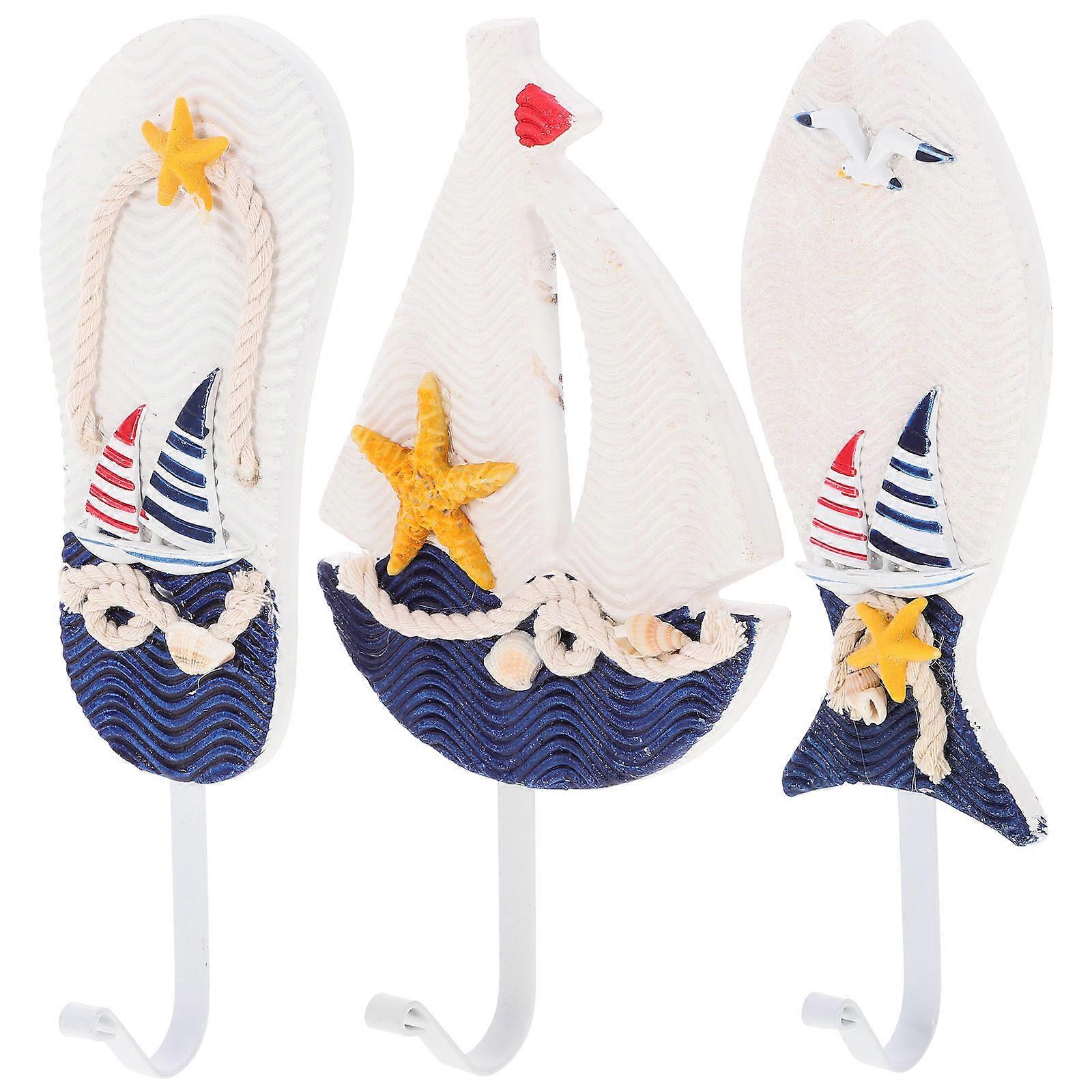 Mediterranean Style Hooks Wall Mounted Towel Hooks Fish Shape Bathroom 3Pcs