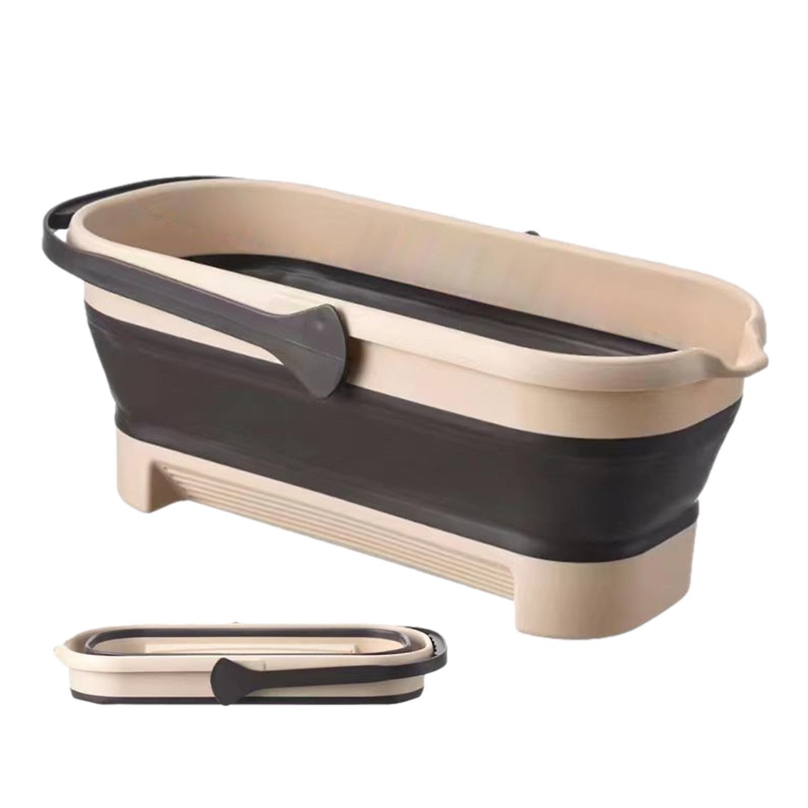 Foldable Tub with Handle, Collapsible Rectangular Cleaning Bucket, Space-Saving Picnic Basket, Beige, L-57 x 25.5 cm with Water Outlet