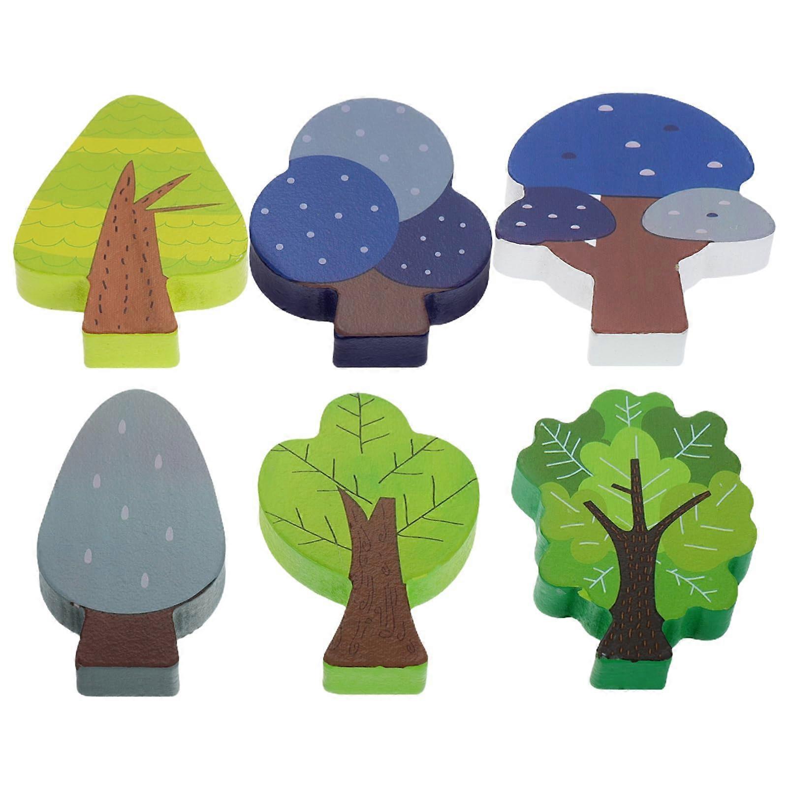 6Piece Wooden Tree Toy Set, Colorful Miniature Trees for Railway Tracks, Safe Natural Wood
