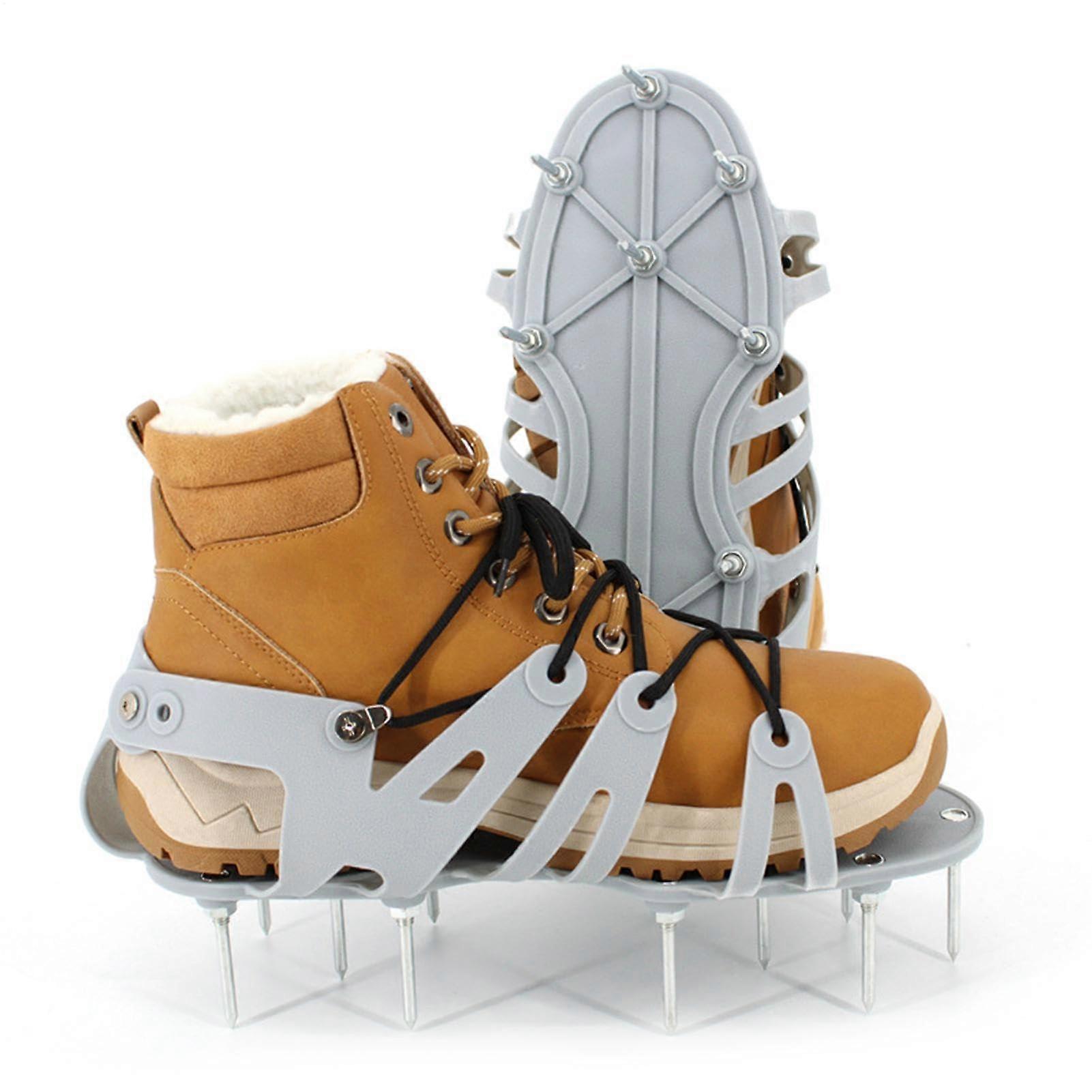 Lawn aeration shoes, spiked shoes for lawn aerators, yard aeration tools, heavyduty aeration shoes, adjustable aeration shoes.