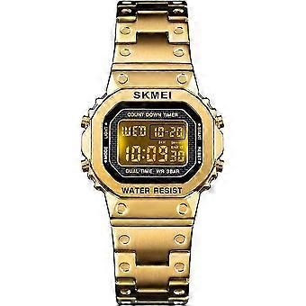 Men's Digital Multi-Function Watches Stainless Steel Square Case Dual Time Alarm Stopwatch Countdown Backlight Waterproof Watch