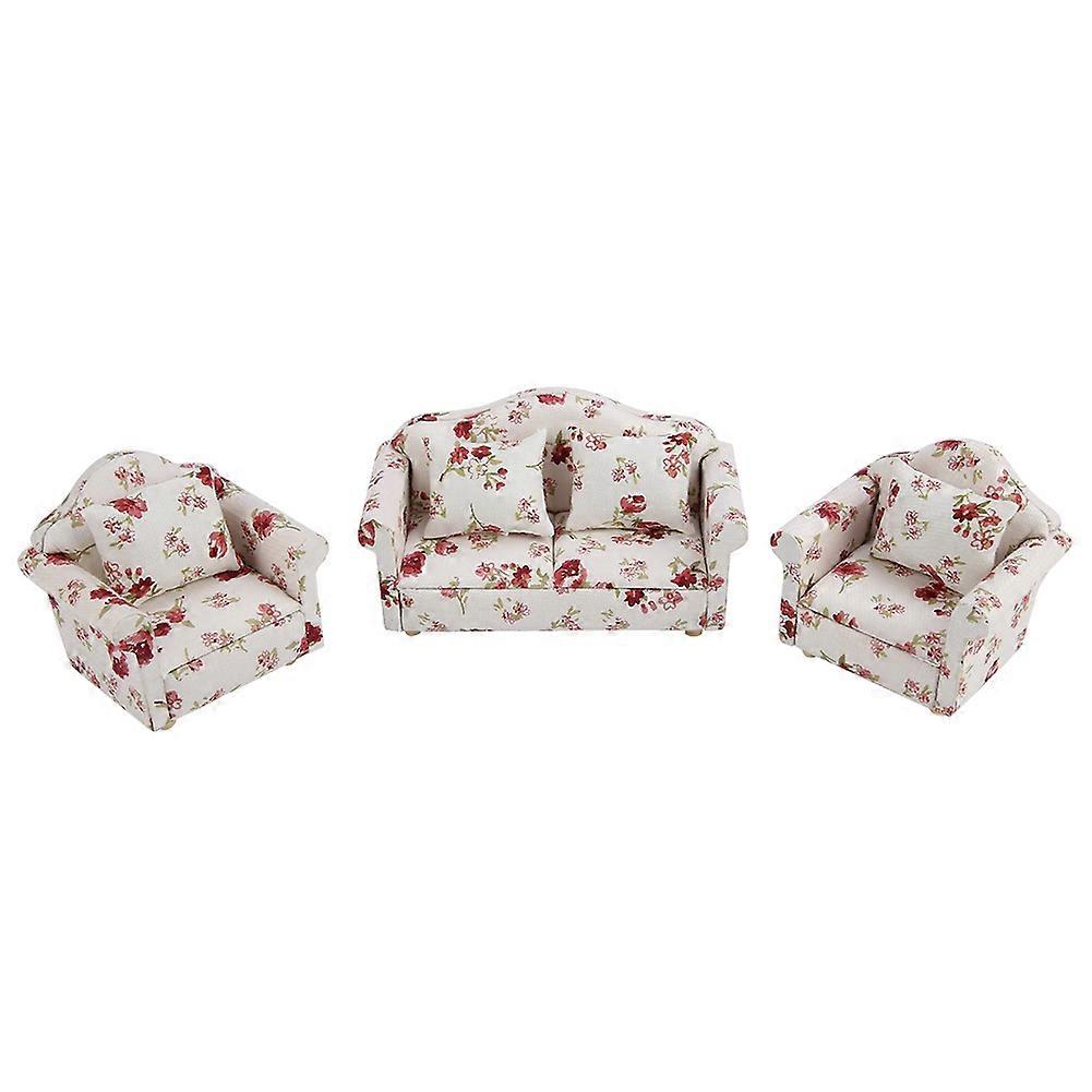 1/12 Scale Dollhouse Accessories Flower Pattern Mini Furniture Sofa Set With Back Cushions (#1)