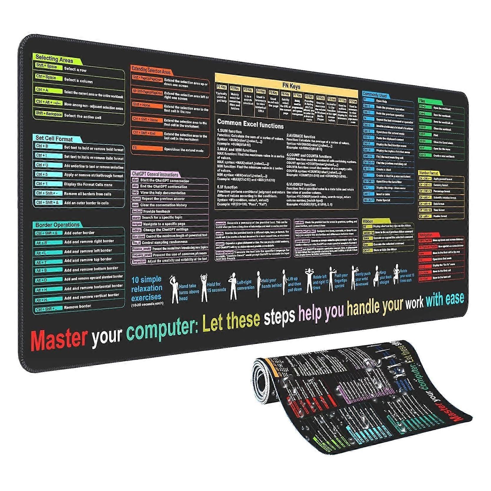 Large Excel Shortcut Desk Pad 80x30 Cm Non-Slip Keyboard Shortcuts And Formulas For Excel Word PowerPoint PC/Mac Black