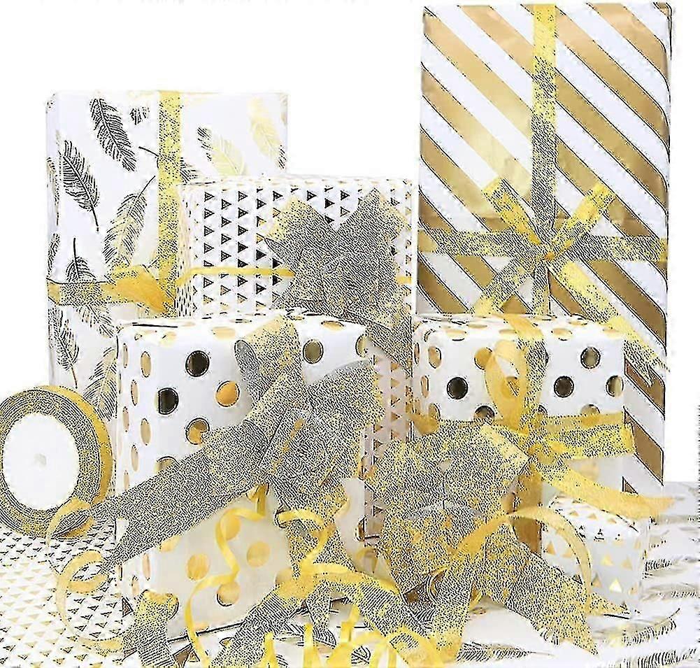 Luxury White and Gold Gift Wrapping Paper Set: 8 Sheets with 10 Pull Bows Included