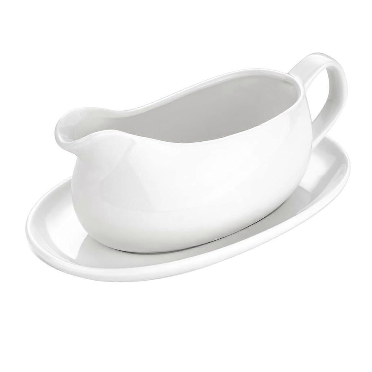 Boat and Saucer 14 Oz,Ceramic Sauce Boat with Tray for Milk,Warming Sauces,Creamer,Broth,White