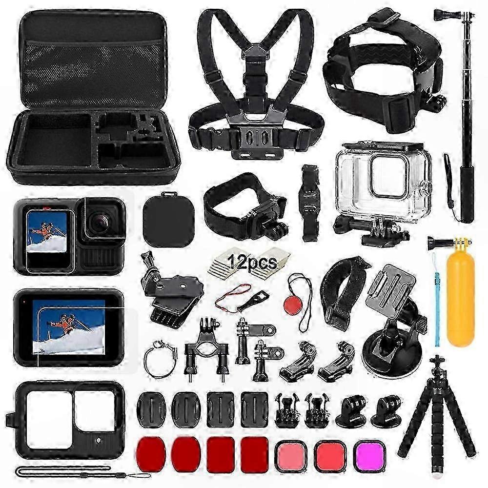 Waterproof Case Chest Strap Tempered Glass Screen Protector with Selfie Stick for Action Camera