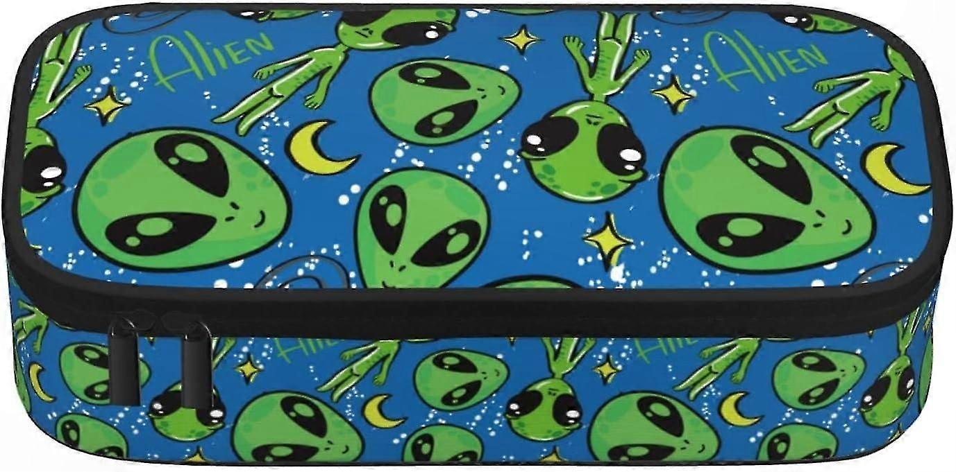 Double Layer Pencil Case with Zipper for School, Office, and Home - Large Capacity Organizer for Kids, Teens, and Adults Featuring Space Alien Design