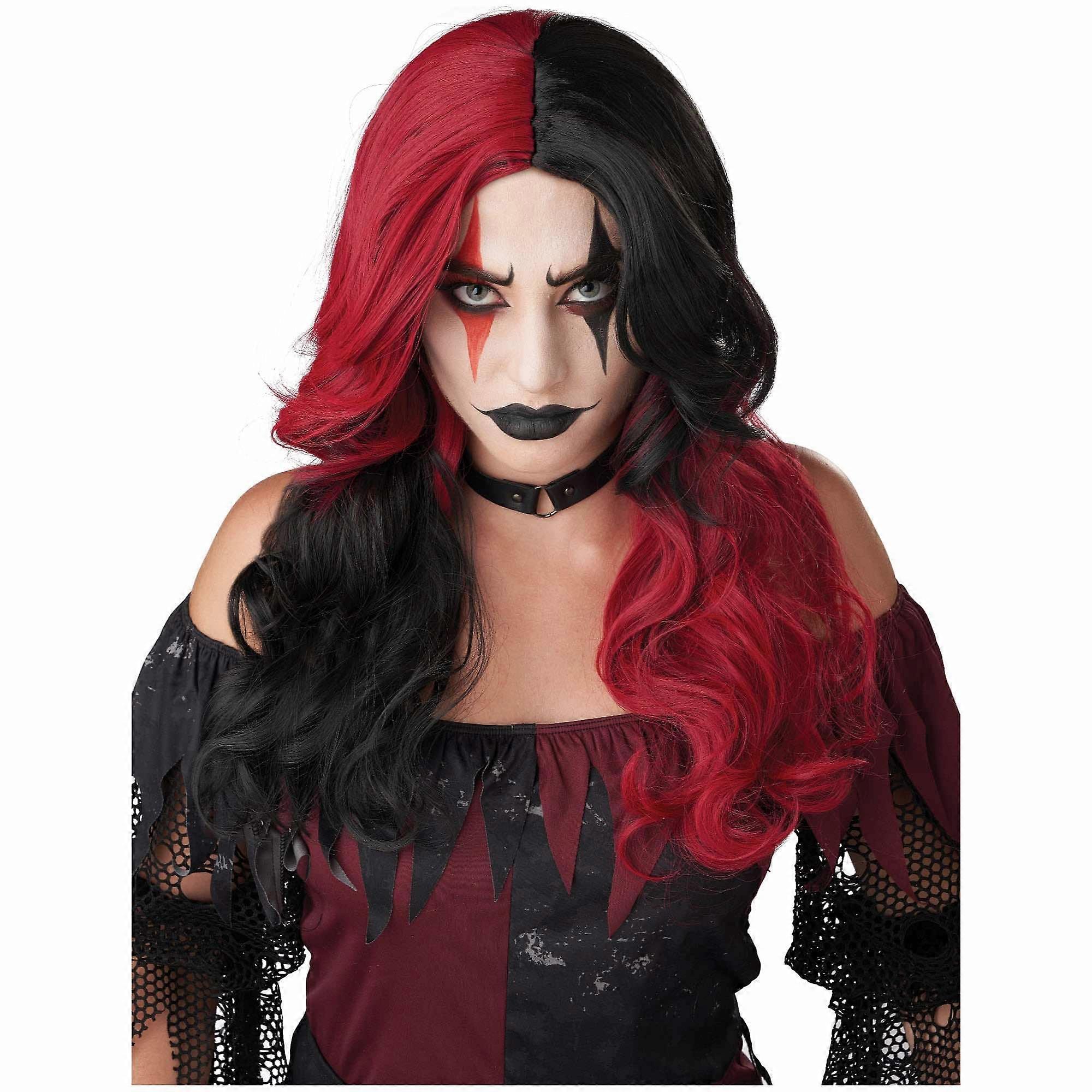 Jester Crazy Evil Clown Long Wavy Black Red Adult Womens Costume Wig