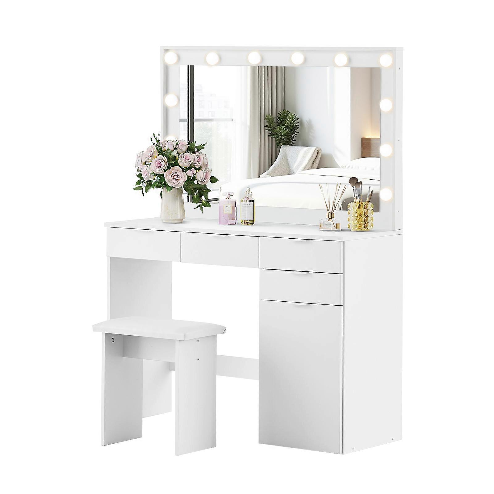Dressing Table with LED Light Mirror and Stool, 4 Drawers Vanity Makeup Table