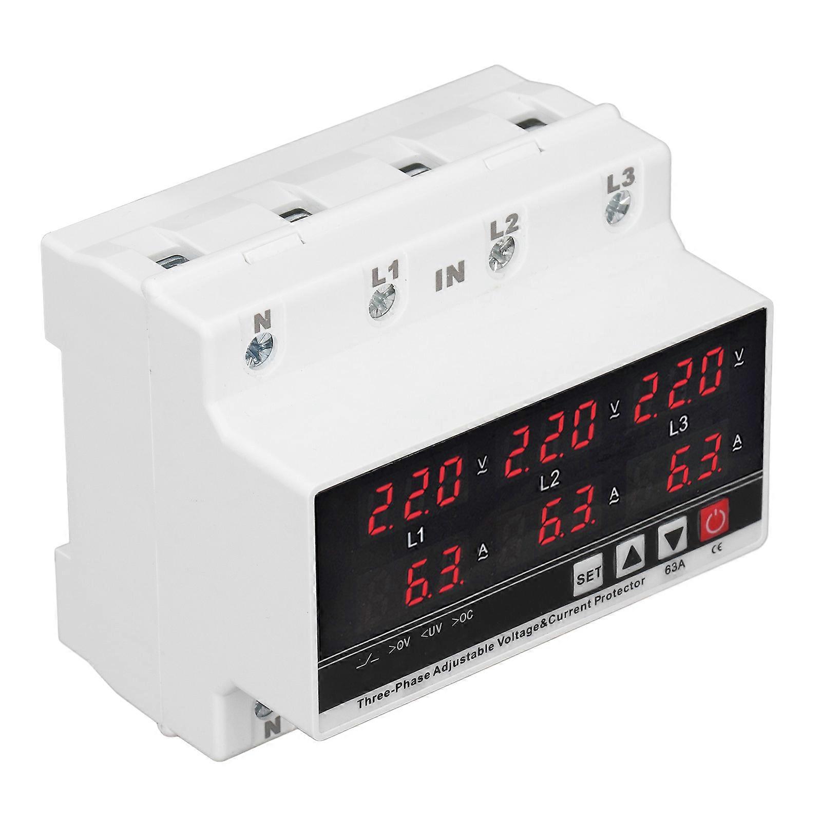 Undervoltage Protector DIN Rail Adjustable Overcurrent Protector AC120V‑300V 63A 3 Phase 3 Wire 4 Wire 