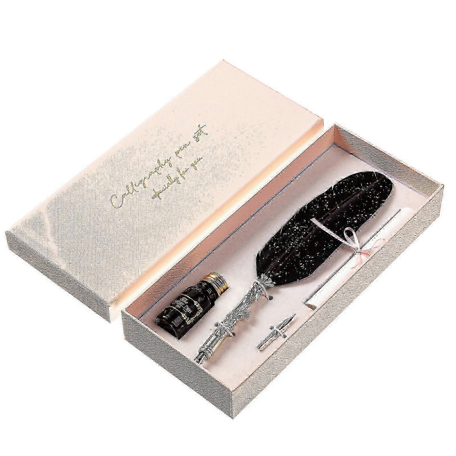 Feather Dip Pen with Pen Nib and Ink, Retro Quill Pen Feather Dip Pen Calligraphy Gift for Beginner Gothic Calligraphy