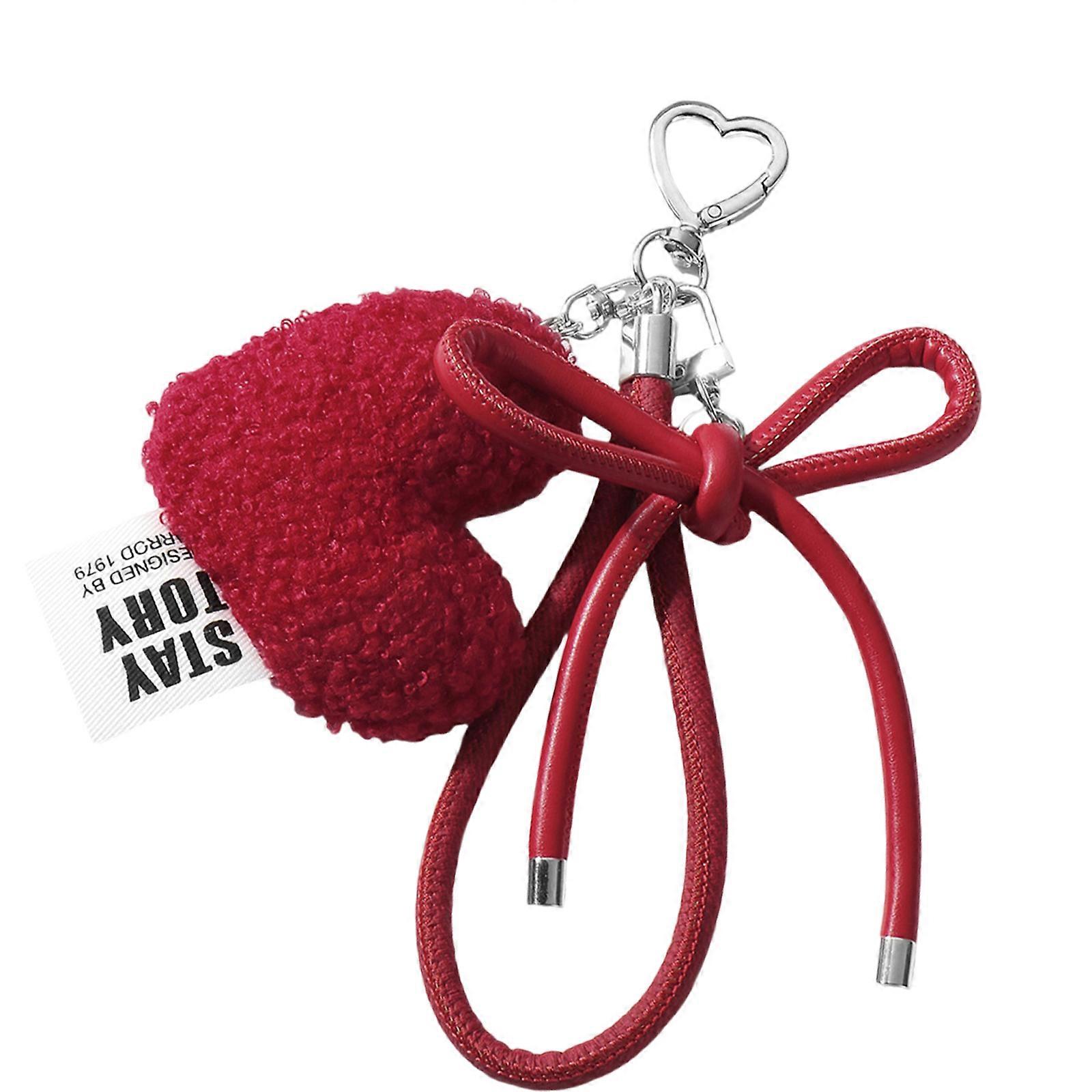 Plush Heart Keyring Car Key Chain Backpack Hanging Ornament Sweet Bows Keychain Pendant Bag Charm Bowknot Keychain Multicolor
