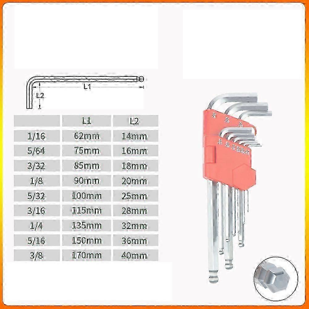 Set Of 9 Hex Keys With Ball Heads, Allen Key Sizes From 1/16 To 3/8 Inch.