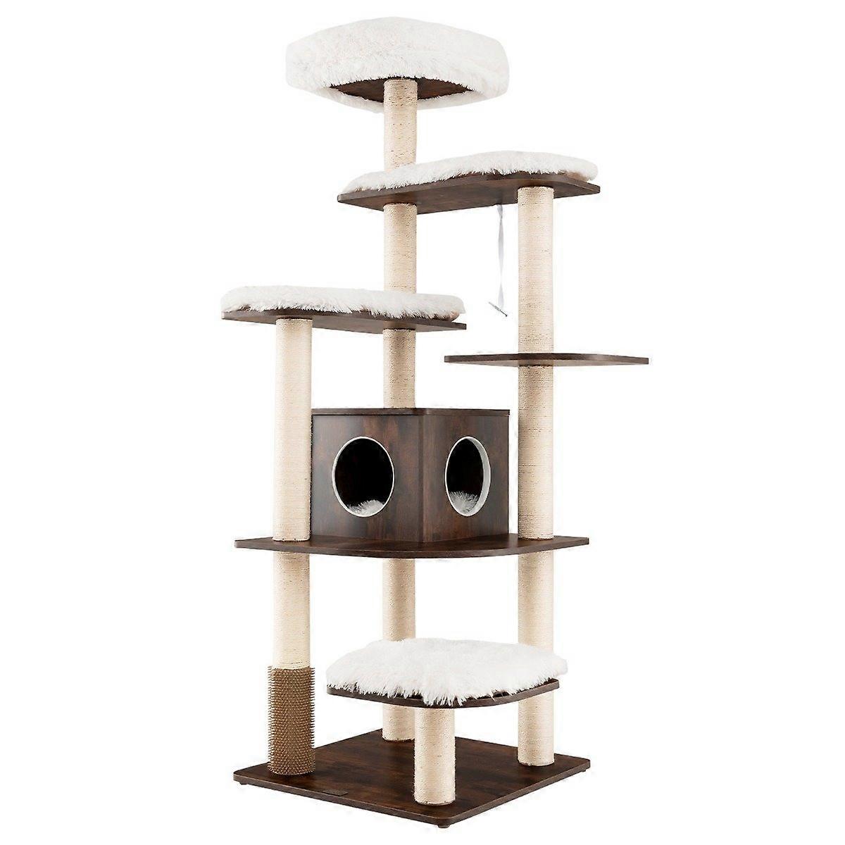175 cm Cat Tree 6-Tier Cat Scratching Post Wooden Cat Scratching House with Cave and 5 Rugs Activity Tree K