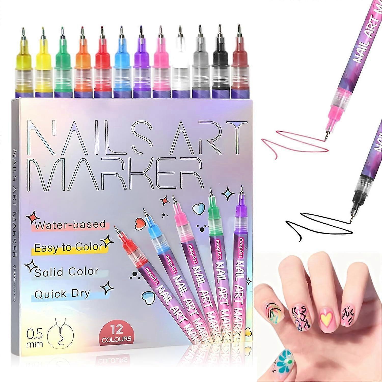 12 Colors Nail Art Pens Set with 0.5mm Precision Tip, QuickDry Waterproof Ink for DIY Designs