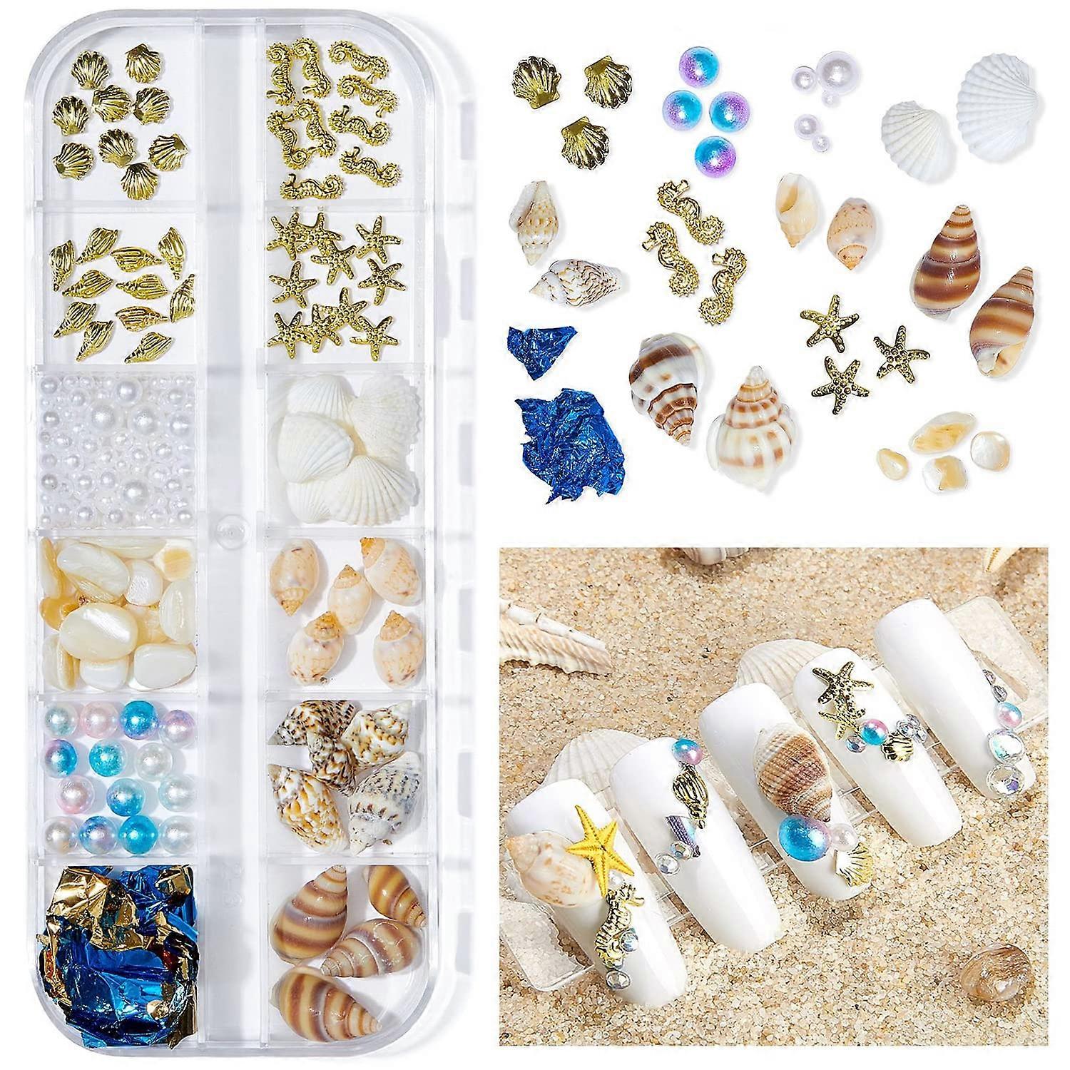 Nail Art Charms 3D Metal Ocean Decorations Set with 12 Unique Patterns Sea Shell Starfish Pearls