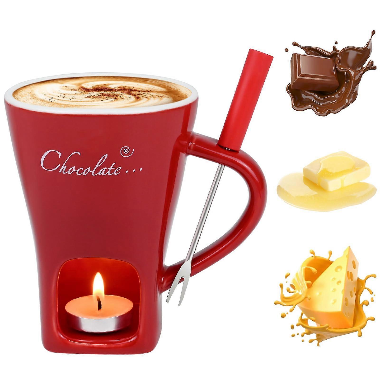 Chocolate Fondue Set Mini Ceramic Pot with Fork and 4 Candles for Chocolate Cheese Butter Red