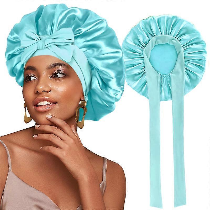 Nouveau femmes Satin solide chapeau de couchage avec bande de cravate extensible ��lastique nuit Bonnet de douche r��glable cheveux couvre-t��t
